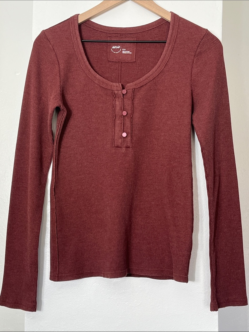 aerie Ribbed Long-Sleeve Henley Top in Deep Rust